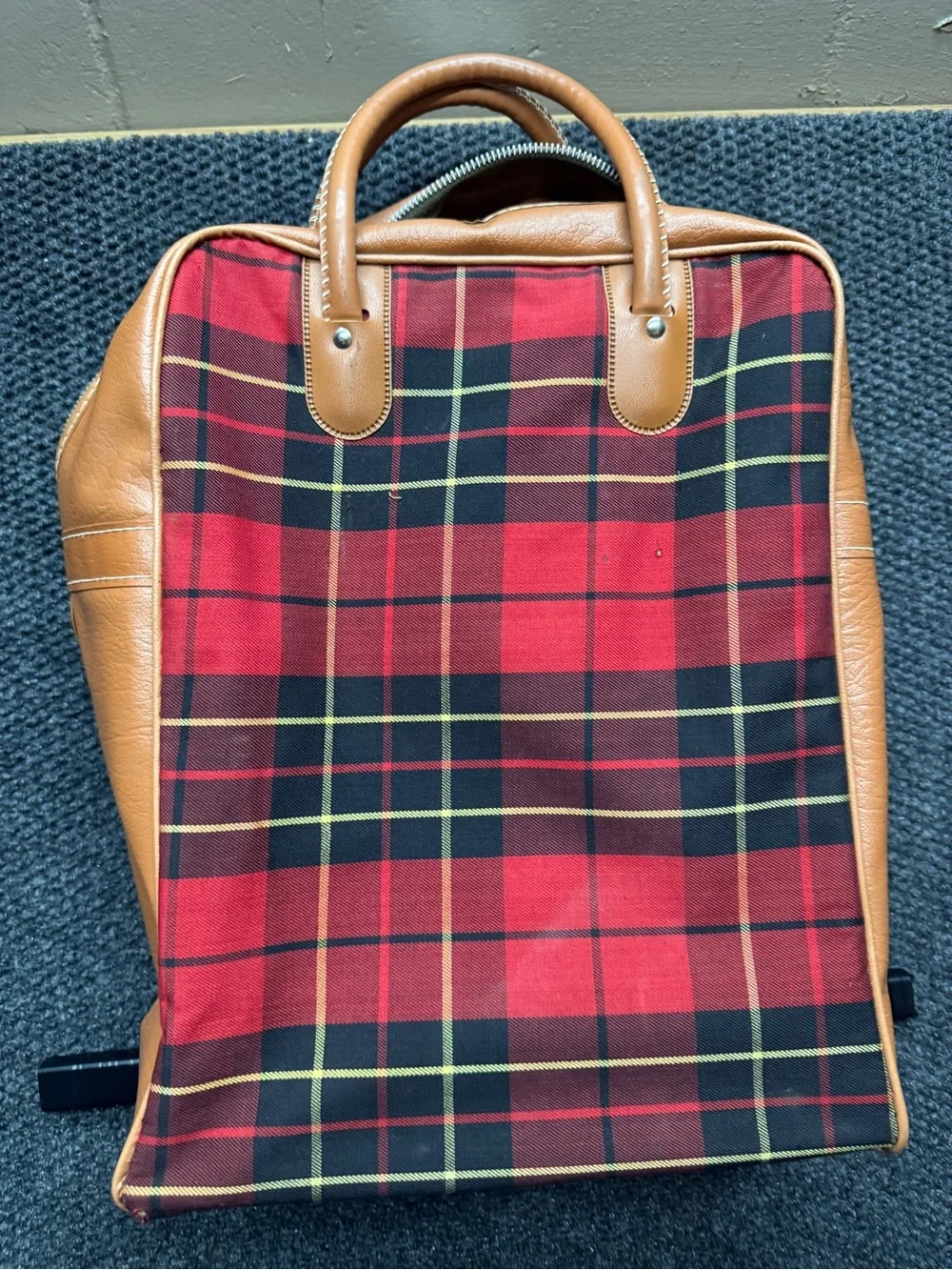 Vintage Plaid Red Canvas & Tan Leather  Bag